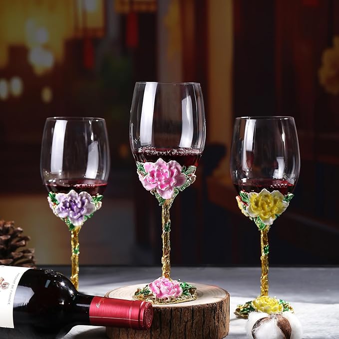 Simcat Handmade Painted Enamel Flower Glass Wine Glasses Transparent Refined Goblet, Stem For Cabernet, Gifts (pink single gift box,big flower)