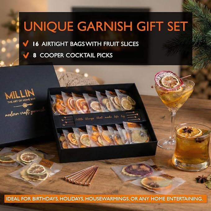 Cocktail Garnish, PREMIUM GIFT SET, with COCKTAIL PICKS I 100% Natural Dehydrated fruits I Home Bar, Barware, Hosting Men Women Corporate Holiday Bar Gift -Medium (70 slices + 8 picks)