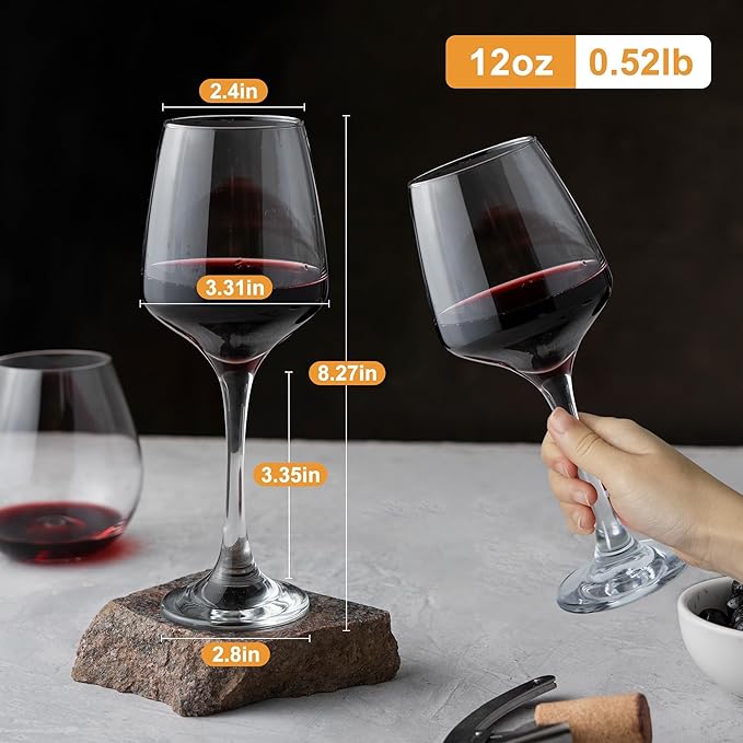 Wine Glasses Set of 6, 12oz Classic Stemmed Glasses, Thick & Clear, Dishwasher Safe Stemware for Red or White, Gift for Party, Holiday, Anniversary, Restaurant, Home Bar, Daily Use