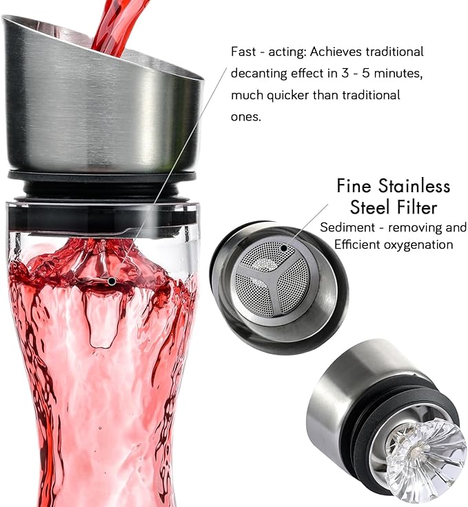 Wlasss Hand Blown Wine Decanter with Aerator, 1300ml/44oz Red Wine Decanter, Crystal Wine Carafe with Stainless Steel Pour Lid and Filter, Elegant Design Easy Pour, Wine Aerator Wine Gifts