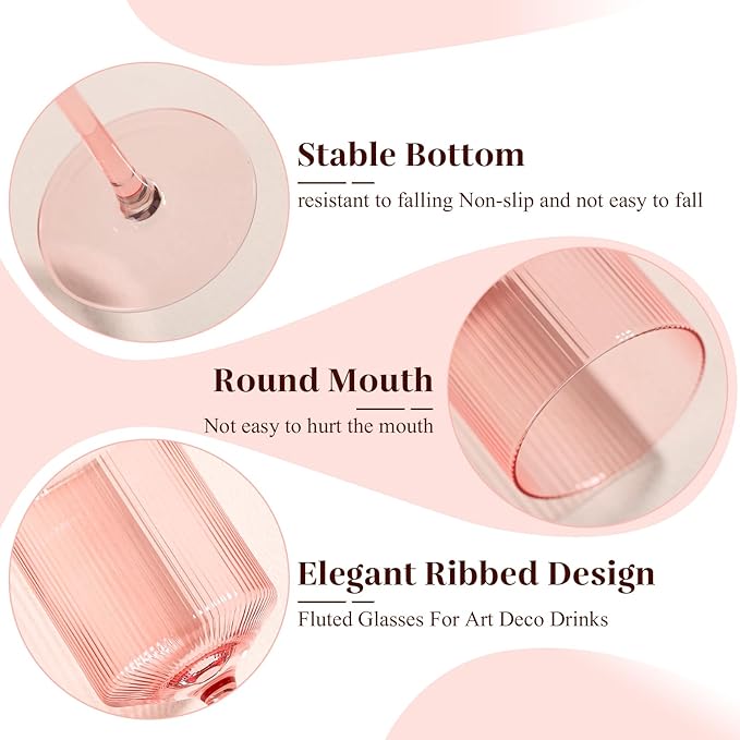Square Pink Wine Glasses Set of 4 – 15oz Red or White Glasses on Long Stem, Hand Blown Ribbed Design Wine Glasses, Unique Vintage Style Drinking Glasses - For Mothers Day, Wedding, Anniversary