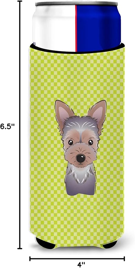 Checkerboard Lime Green Yorkie Puppy Ultra Beverage Insulators for slim cans