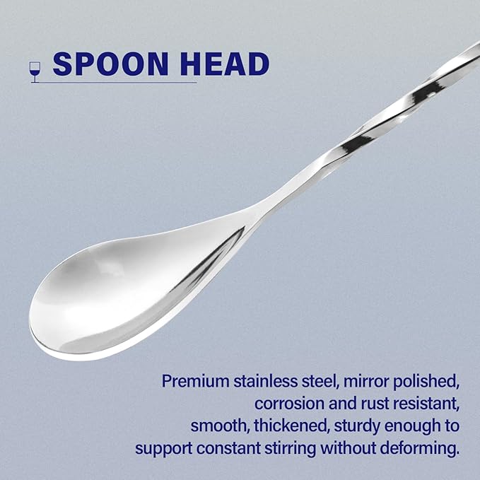 BRIOUT 2 Pcs Bar Spoon, 12 Inches Long Handle Drink Stirrer, Stainless Steel Bar Cocktail Mixing Spoons with Round Base for Stirring, Silver