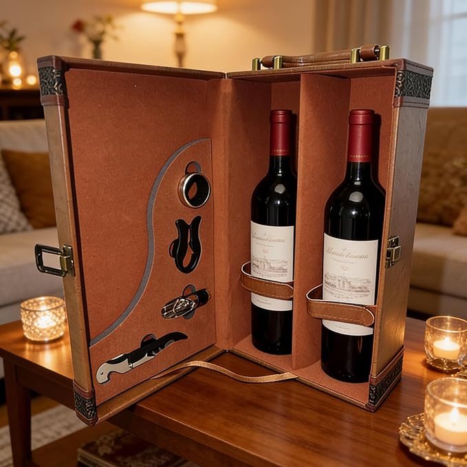 Wine Gifts Box with 4 Wine Accessories Set & Storage Box, 2-Bottle Tote Carrier Case for Wedding, Christmas, Party, Collection & Home Bar Decor (Brown)