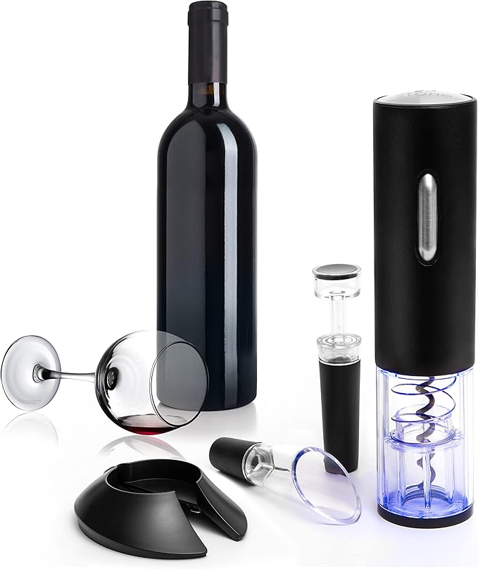 Moss & Stone Electric Wine Opener Set, Corkscrew Remover With USB Charging, Wine Bottle Opener with Wine Pourer, Foil Cutter & Vacuum Stopper, Automatic Wine Opener For Wine Lovers (Black)