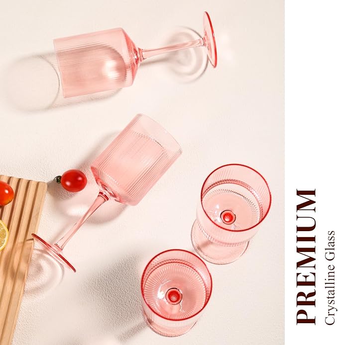 Square Pink Wine Glasses Set of 4 – 15oz Red or White Glasses on Long Stem, Hand Blown Ribbed Design Wine Glasses, Unique Vintage Style Drinking Glasses - For Mothers Day, Wedding, Anniversary