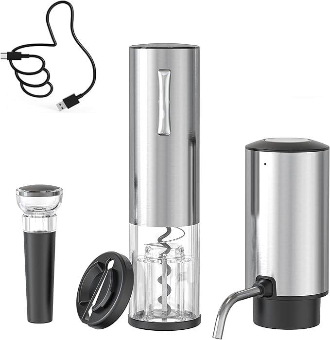 Electric Wine Opener Set with Wine Aerator & Dispenser, Rechargeable Wine Decanter, Foil Cutter & Vacuum Wine Stopper Saver, Stainless Steel Wine Gift Set for Wine Lovers