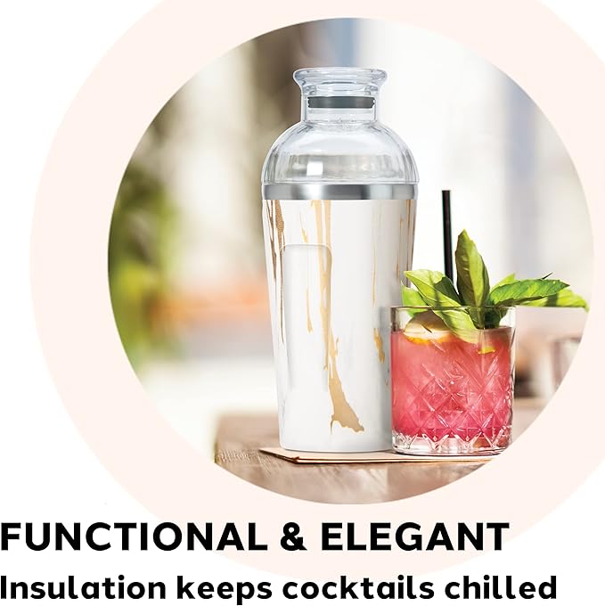 OGGI Groove Insulated Cocktail Shaker-17oz Double Wall Vacuum Insulated Stainless Steel, Tritan Lid has Built In Strainer, Ideal Cocktail Mixer, Martini Shaker, Margarita Shaker, Gold Marble