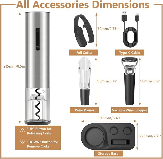 5-in-1 Electric Wine Opener - Auto Wine Bottle Opener with Storage Base,Foil Cutter,Aerating Pourer & Vacuum Stoppers | USB-C Rechargeable | 40+ Opens Per Charge | Gift for Housewarmings