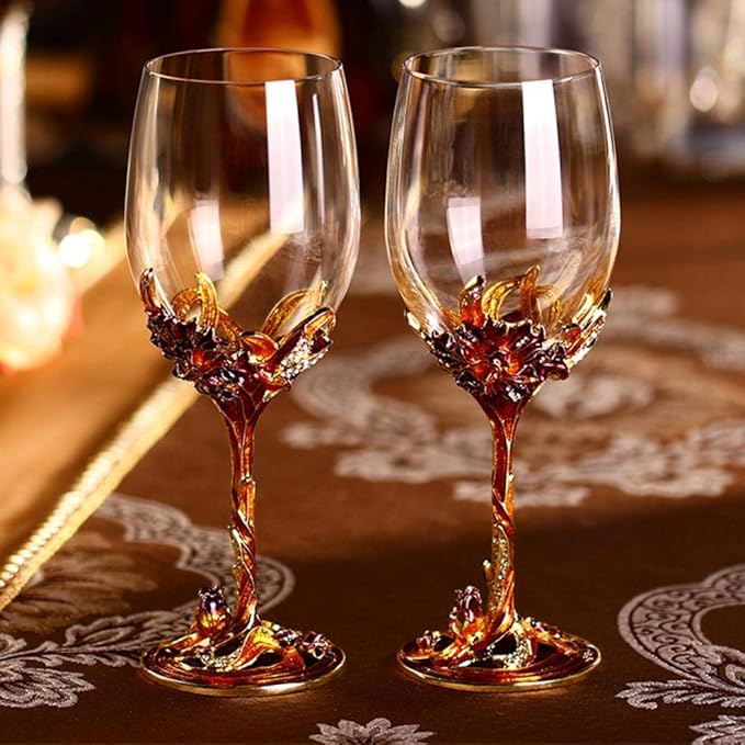 Comeon Wine Glasses Crystal Red Wine Glasses Elegant Champagne Glasses Enamels Floral Decorative Goblets(Golden /2 set(gift box))