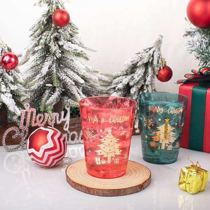 DaYammi 60 Pack Gold Christmas Plastic Cups Disposable, 10 Oz Clear Red Plastic Cups and Green Cups,30 Red Gold Tree Tumblers, 30 Hard Green Cup Bulk for Christmas Party