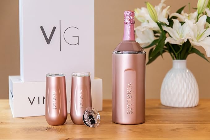 Vinglacé Champagne Bottle Chiller Gift Set- Portable Stainless Steel Sparkling Wine Cooler with 2 Stemless Champagne Flutes, Rose Gold