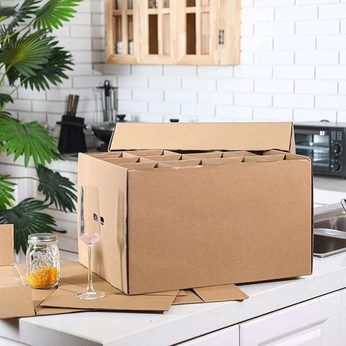 Feifeiya 4 Pack Wine Glass Moving Boxes Kitchen Moving Boxes with Handle Kitchen Kit with Lid for Dish Glassware (Brown,20 x 15 x 12 Inches)