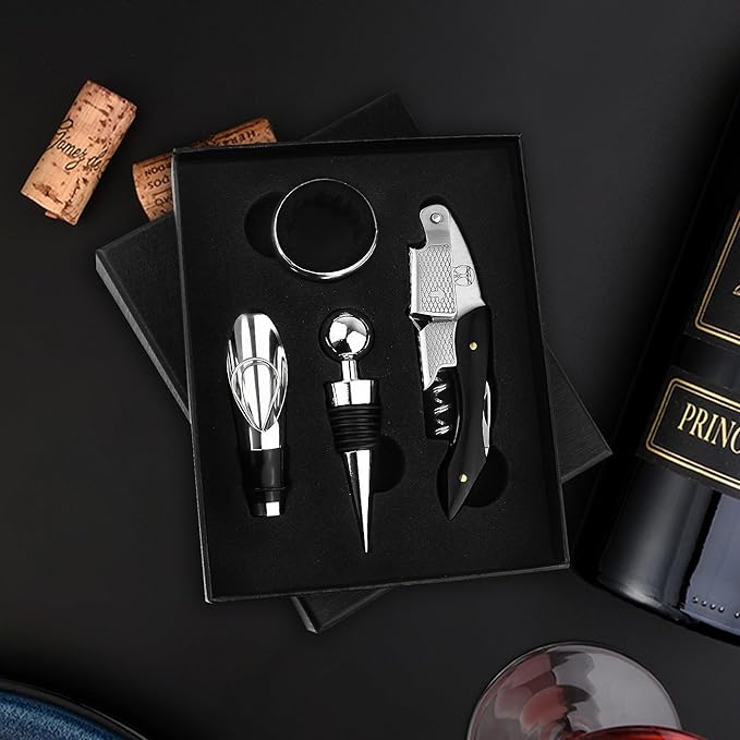 Wine Bottle Opener Set – Stainless Steel Corkscrew, Wine Stopper, Drip Ring, and Wine Pourer in a Stylish Gift Box – Perfect Wine Accessories for Enthusiasts & Gifts