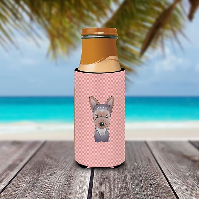 Checkerboard Pink Yorkie Puppy Ultra Beverage Insulators for slim cans BB1232MUK