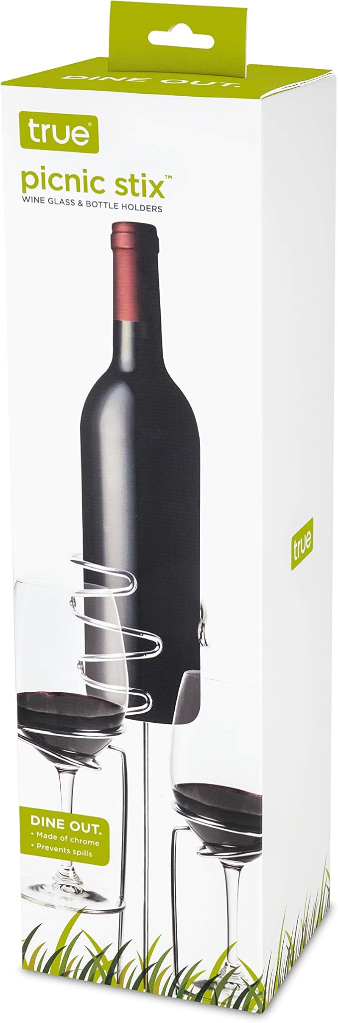 TRUE Picnic Stix Wine Glass & Bottle Holders, Chrome Outdoor Drink Dolder Stakes, Outdoor Cup Holder, Yard Cups, Set of 3, Fits 2 Glasses and 1 Bottle