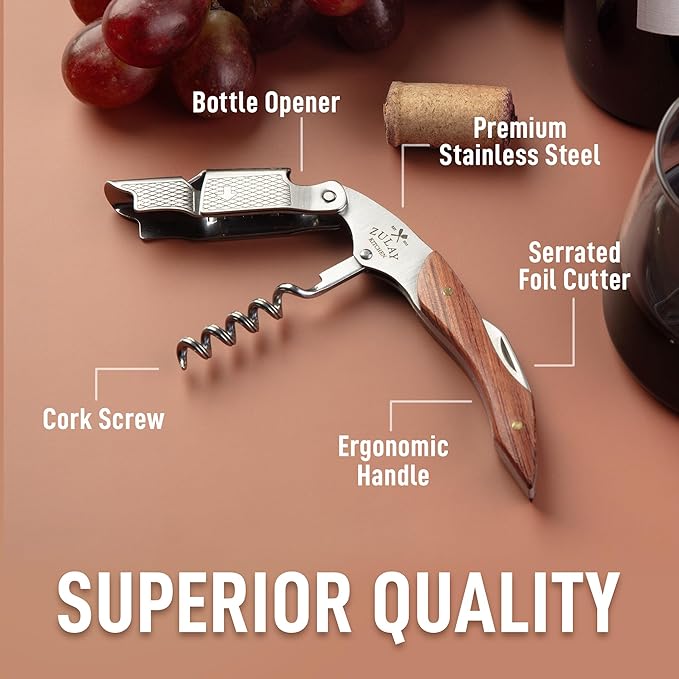 Zulay Kitchen Corkscrew Wine Opener - Premium 420 Stainless Steel & Rosewood Wine Bottle Opener - Double Hinged Opener with Foil Cutter & Cap Remover - Rosewood (Pack of 2)