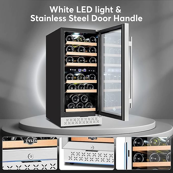 Tylza 15 Inch Wine Fridge, 30 Bottles Dual Zone Wine Cooler Refrigerator, Undercounter or Freestanding, 40-65°F, Wine Cabinet with Tempered Glass Door, Wine Cooler for Home, Kitchen, Bar
