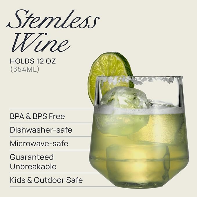 Drinique Unbreakable Stemless Wine Glasses – Set of 4 | 12oz Tritan Plastic | Made with 50% Recycled Content | Reusable, Dishwasher Safe, BPA-Free, Shatterproof | Indoor, Outdoor, Everyday Use - Clear