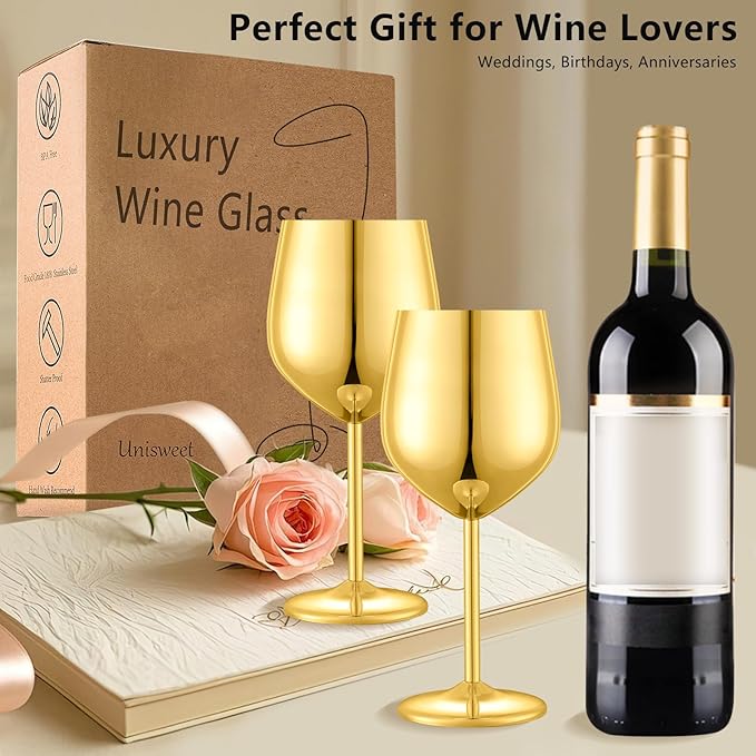 Stainless Steel Wine Glasses Set of 4 Unbreakable Gold Wine Glass 18 oz Unique Metal Wine Goblets for Outdoor, Travel, Camping, Pool, Ideal Gift for Wine Lovers