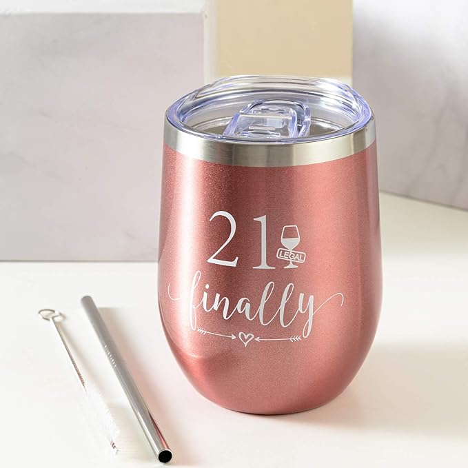 Crisky Rose Gold 21 & Finally Wine Tumbler for Girl 21st Birthday Gifts Funny Ideas for Girlfriend, Sister, Friends, Daughter, Her Wine Glass, Vacuum Insulated Coffee Cup 12oz, with Box, Lid and Straw