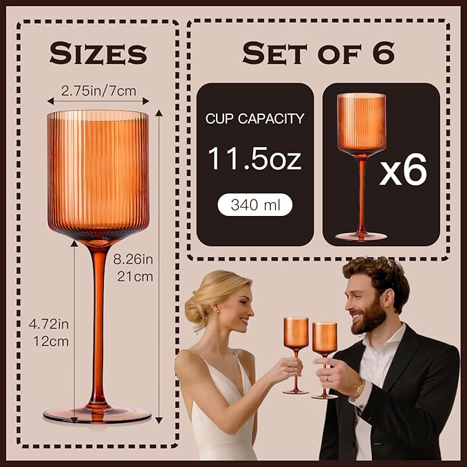 Halloween Decorations Maple Colored Square Wine Glasses Set of 6-11.5oz, Elegant Ribbed Design Amber Crystal Glassware with Long Stem, Hand Blown Stemware For Halloween, Thanksgiving