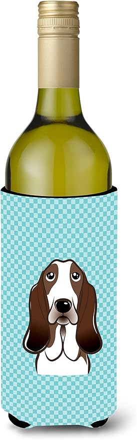 Caroline's Treasures BB1181LITERK Checkerboard Blue Basset Hound Wine Bottle Hugger Bottle Cooler Sleeve Hugger Machine Washable Collapsible Insulator Beverage Insulated Holder