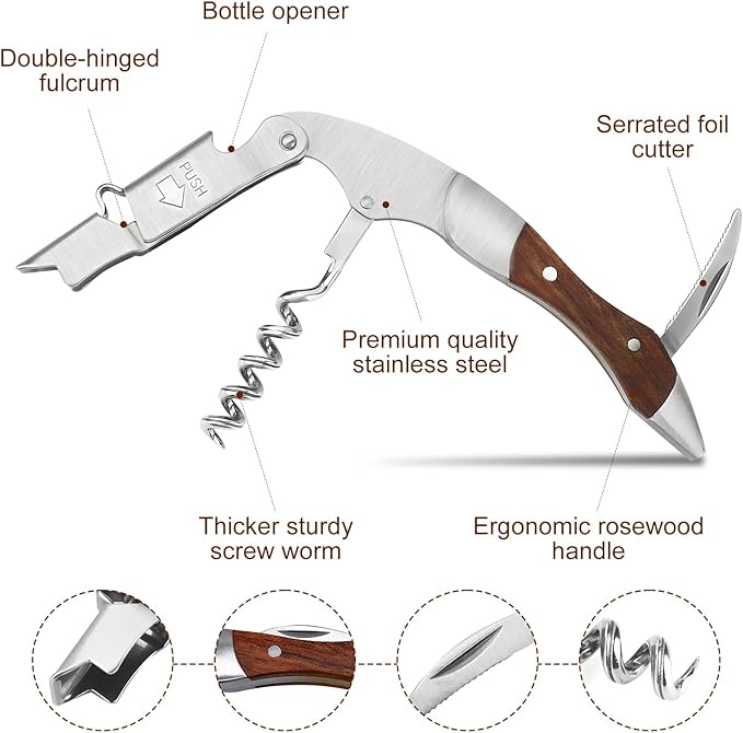 Waiter Corkscrews, Manual Wine Opener with Foil Cutter, Bottle Opener, All-in-One Stainless Steel Cap Remover Rosewood Handle, Waiters Friend, Wine Key for Sommelier, Bartender and Servers