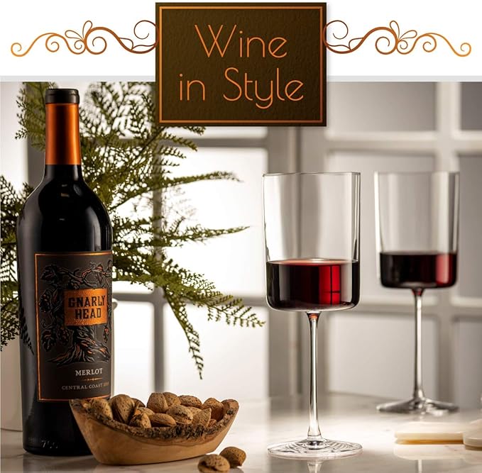 BENETI Large Square Wine Glass Set of 4-17 oz European-Made Hand Blown Glass White Wine Goblets w/Laser-Cut Rim, Dishwasher-Safe Crystal Clear Red Wine Glass Gift Set