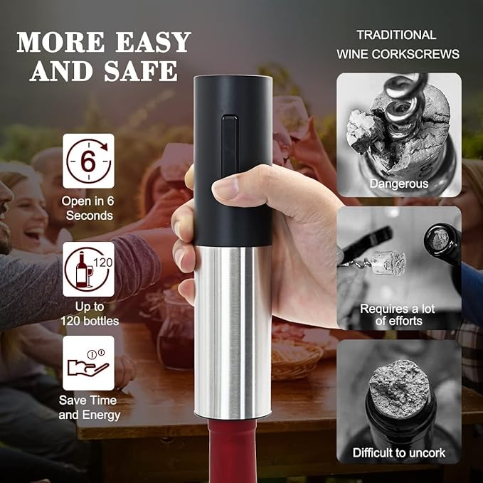Electric Wine Opener Rechargeable, Automatic Wine Bottle Openers with Foil Cutter and USB Cable, Gift Wine Corkscrew for Home Kitchen Party Bar - Stainless Steel, One-click Button