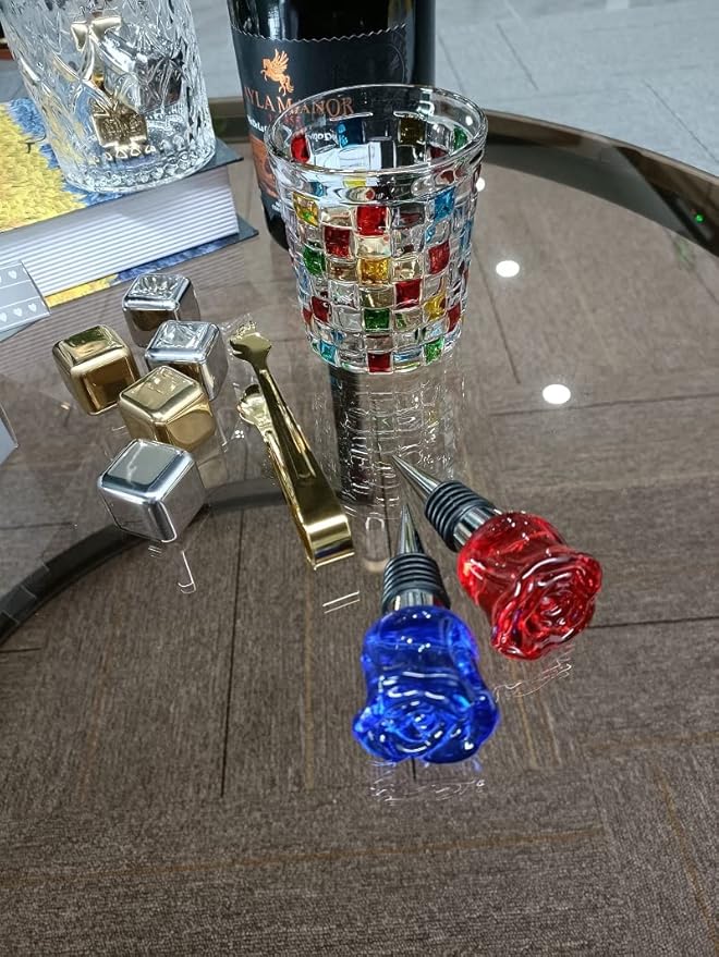 Crystal Wine Bottle Stopper, Gift Boxed, Reusable Stainless Steel (Red Rose)