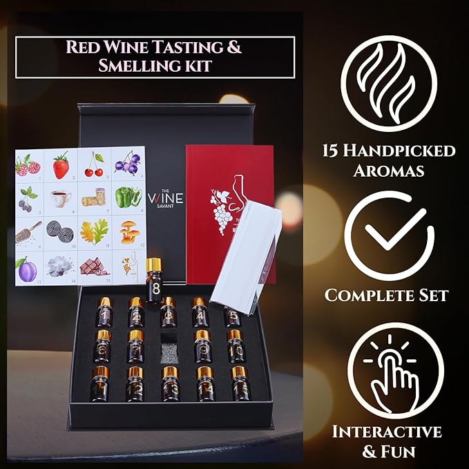 Red Wine Aroma Kit, Tasting & Smelling Aroma Set for Red Wines, 15 Aromas, Training Educational Gift - Beginners & Sommelier Master, Book & Accessories Guide Included