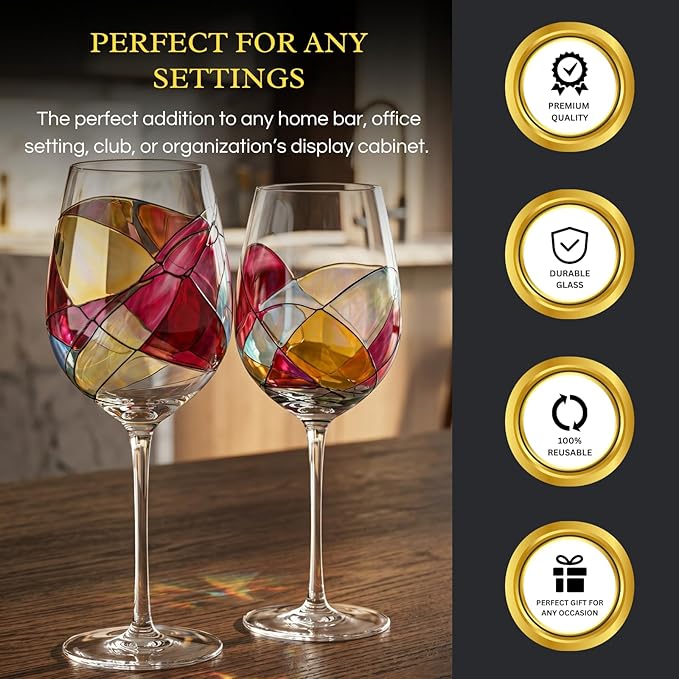 Artisanal Hand Painted Stemmed Wine Glasses - Everyday Celebrations, Gifts Idea for Wife, Mom, Valentine, Holiday Renaissance Romantic Stain-glassed Windows, 2 Set - Gift Idea Birthday, Housewarming