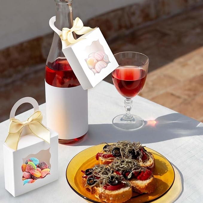 Sankoly 10 Pieces Wine Bottle Box with Window Paper Wine Gift Box with Bow Tie Mini Gift Boxes Bottle Hanger Favor Box for for Holding Candy Chocolate Cookies Mini Gift (White)