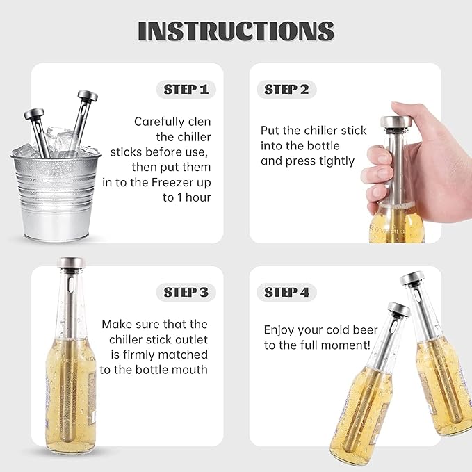 Beer Chiller Sticks for Bottles with Bottle Opener, 2 Pc/Set Reusable Freezer Safe Chilling Rods, BPA Free Stainless Steel, Chill Drinks Fast, Unique Birthday for Dad, Boyfriend