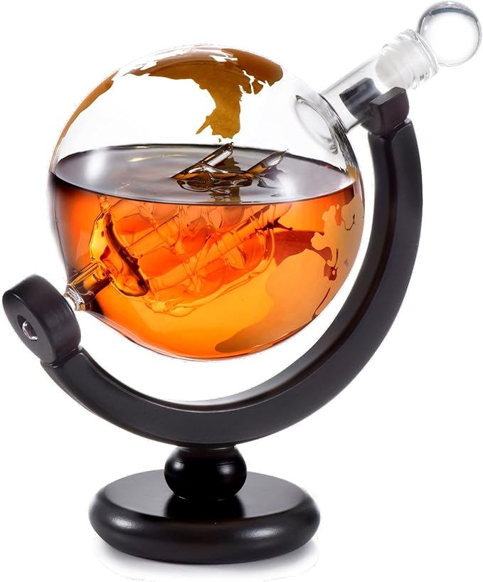 Whiskey Decanter Globe Gift Set - Rich Base Tray - Gold Whiskey Dispenser Airtight Stopper for Wine, Bourbon, Brandy, Juice, Water - Decanter Sets For Men Christmas Gifts for Dad Boyfriend Husband Him