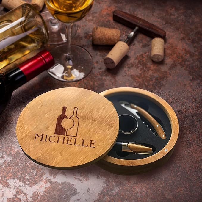Personalized Bottle Silhouette Bamboo Round 4 Piece Wine Tool Set