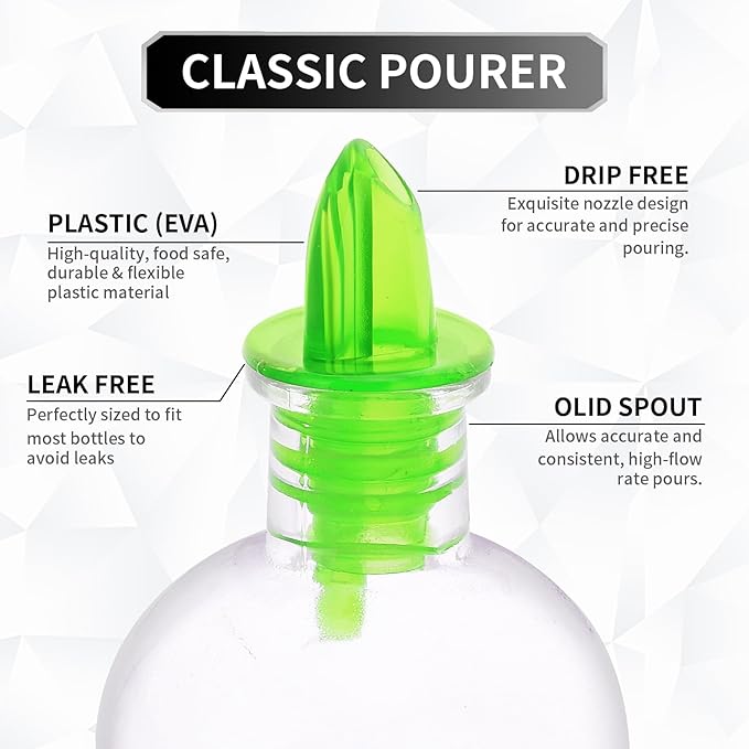 Plastic Liquor Bottle Pourers green- 12 Pack Classic Bottle Pourers for Alcohol, Leak-Proof, Dishwasher-Safe Pour Spouts for Liquor Bottles (green)