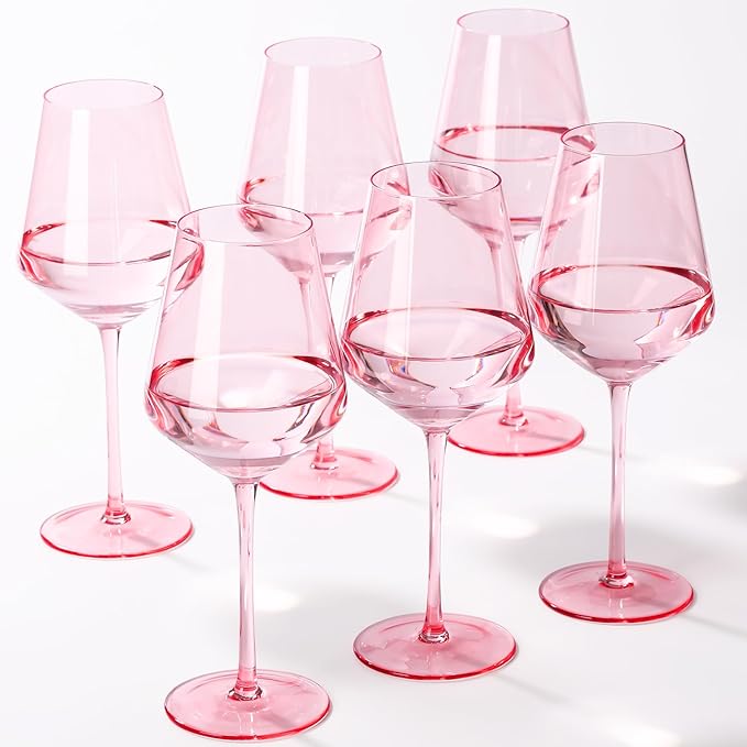 Pink Wine Glasses Set of 6, Handblown Colored Wine Glasse,Pink Coloful Glassware,17OZ for Red or White Wine,Wedding Gift, Anniversary, Christmas, Mothers Day Gifts,Gifts for My Wife