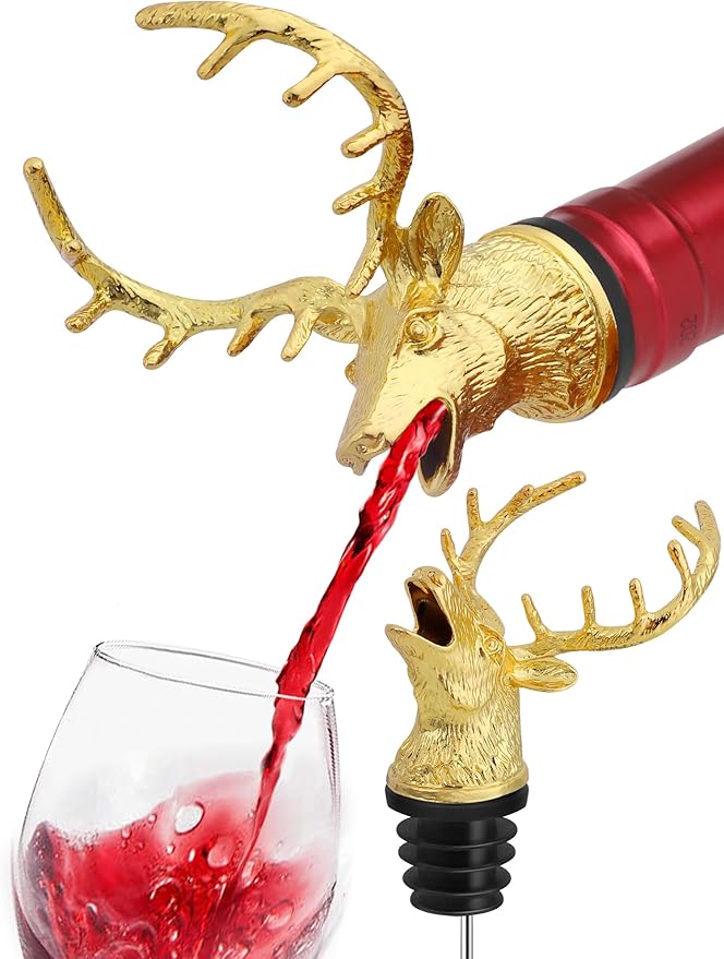 Gold Deer Head Wine Pourer, Liquor Bottle Pour Spout with Leak-Proof Rubber Stopper, Universal Fit for Wine Whiskey Champagne Olive Oil – Drip-Free Bar Pourer Gift for Men, Weddings & Holidays