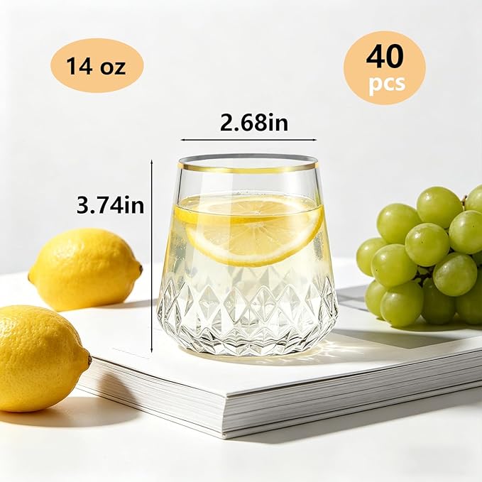 Lueumxc 40 Pack Plastic Wine Glasses, 14Oz Gold Rim Disposable Wine Glasses Unbreakable Rhombus Plastic Cocktail Glasses Recyclable Shatterproof Reusable Wine Cups