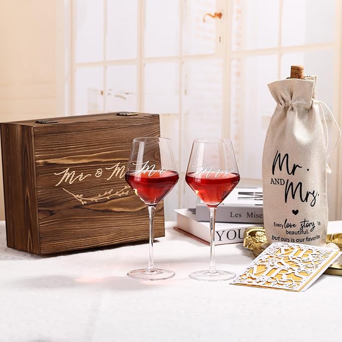 2026 Mr & Mrs Wine Glasses Gift Set with Memory Box,Wine Bag, Greeting Card – Engagement, Wedding & Newlywed Gifts for Couples, Just Engaged Gifts for Women