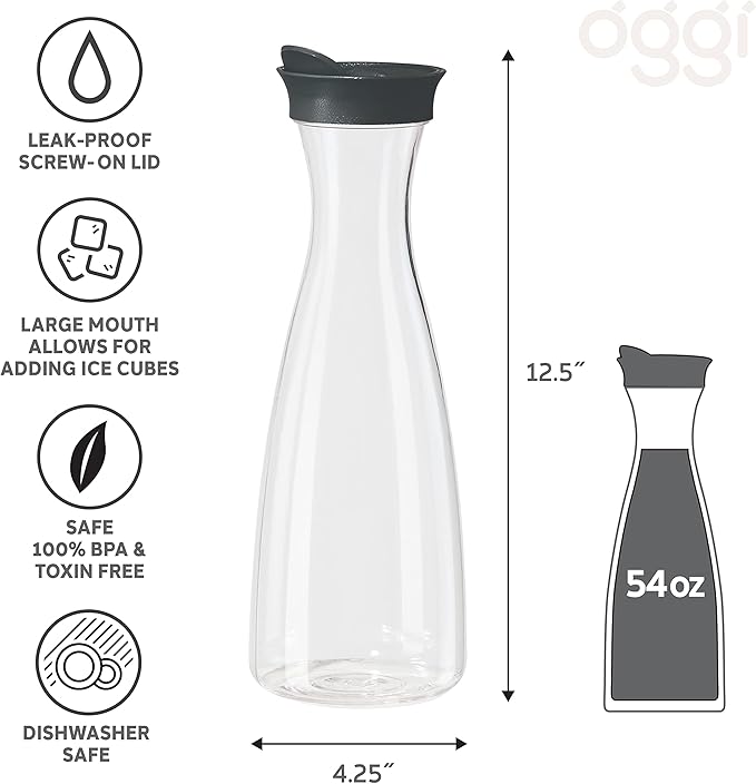 OGGI Clear Carafe w/Flip Open Lid - Ideal Juice Bottle, Clear Pitcher with Lid, Tea Pitcher, Water Carafe, 1.6 Lt(54Oz), Black