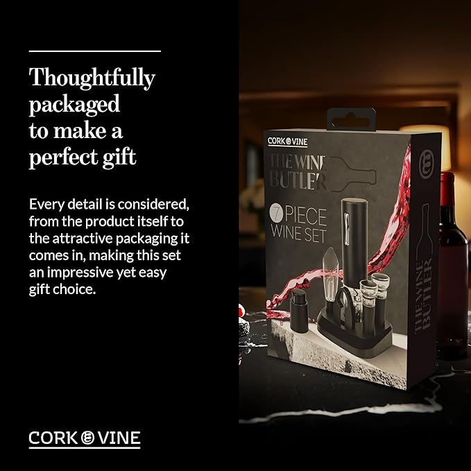 Cork & Vine Rechargeable 7-Piece Electric Wine Opener Set – Automatic Corkscrew with Charging Base, Wine Aerator Pourer, Foil Cutter & Vacuum Wine Stoppers – Wine Accessories Gift Set