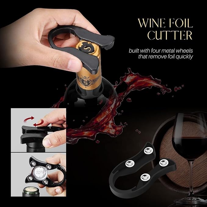 Flexzion Wine Opener Set in Mahogany Wood Case - Wine Bottle Opener Gift Box with Wine Foil Cutter Tool, Stopper, Pourer, Drip Ring, & Lever-Action Corkscrew Wine Opener Manual for Wine Lovers