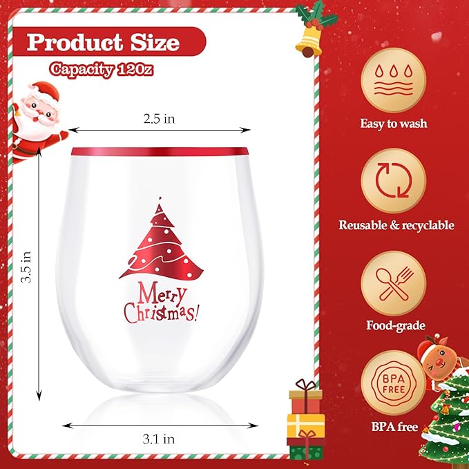 SUT Plastic Cups, Disposable Wine Glasses, 12oz Red Plastic Wine Glasses for Christmas (24PCS)