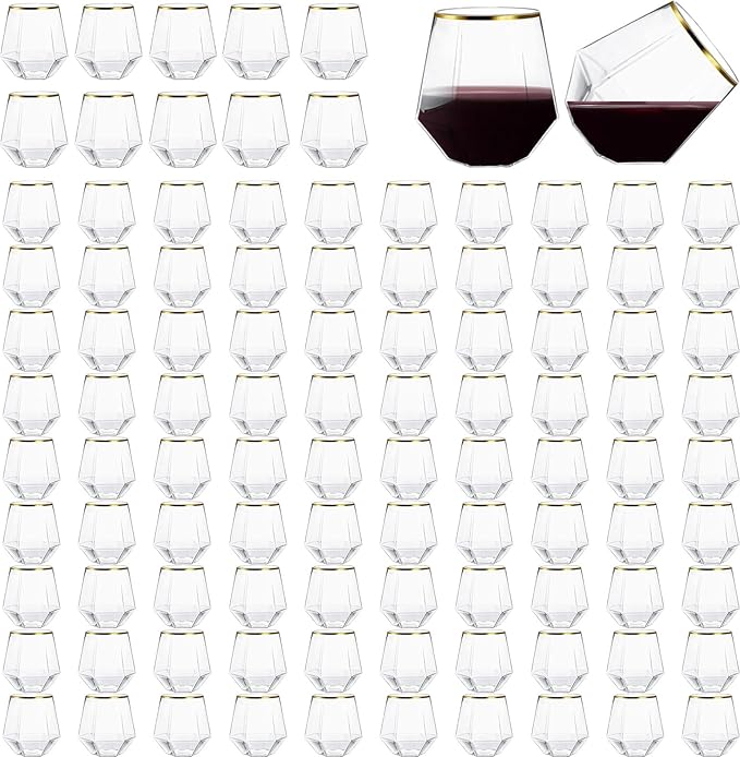 100 Pcs 12 Oz Plastic Wine Cups Gold Rim Plastic Diamond Wine Glass Disposable Stemless Wine Glasses Unbreakable Diamond Wine Glasses for Housewarming Birthday Party Wedding