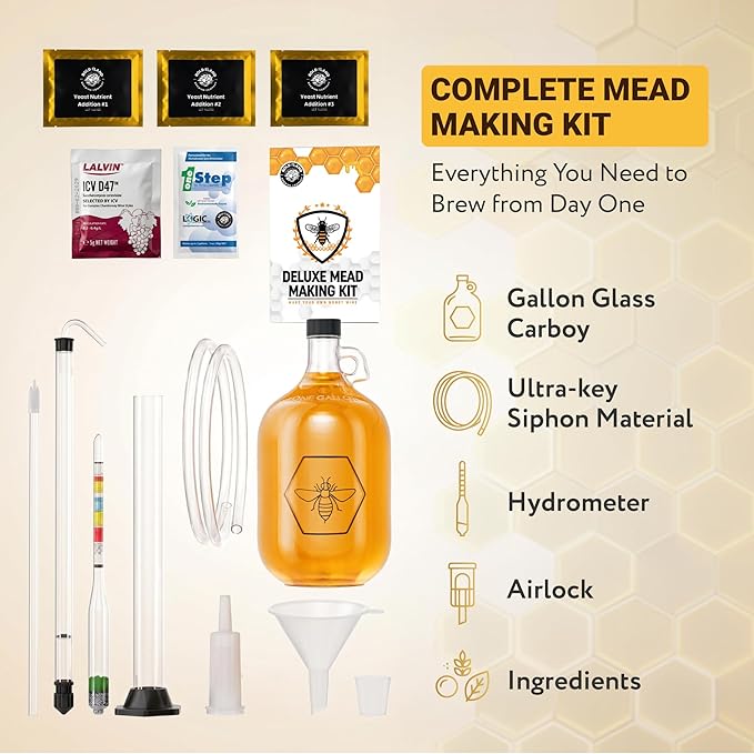 Complete Mead Making Kit for Beginners with Premium Yeast and Ingredients – Home Brewing Starter Kit – Includes 1 Gallon Carboy - Alcohol Hydrometer – Auto Siphon – Airlock - How to Guide