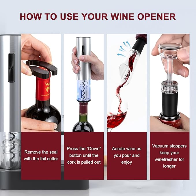 Electric Wine Opener Set, Rechargeable Cordless Automatic Wine Bottle Corkscrew Opener with Aerator, Pourer, Vacuum Sealer and Storage Base, Battery Operated Wine Stopper Remover