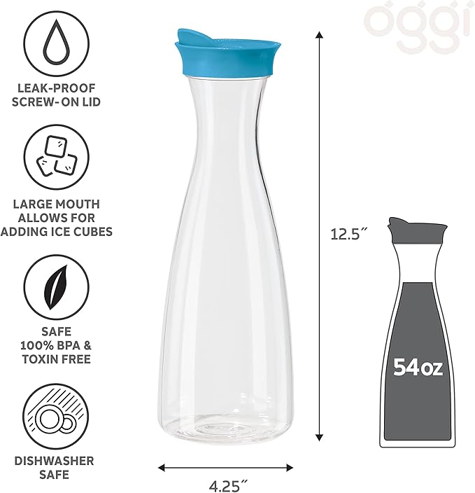 OGGI Clear Carafe w/Flip Open Lid - Ideal Juice Bottle, Clear Pitcher with Lid, Tea Pitcher, Water Carafe, 1.6 Lt(54Oz), Aqua